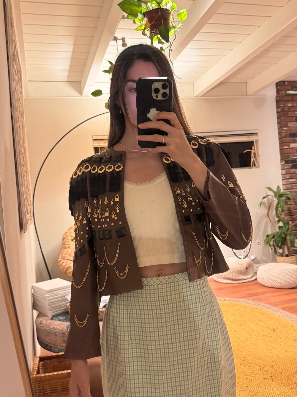 Didier Ronsard Brown Leather Jacket Beads Tassels Gold Chains/Locks/Studs